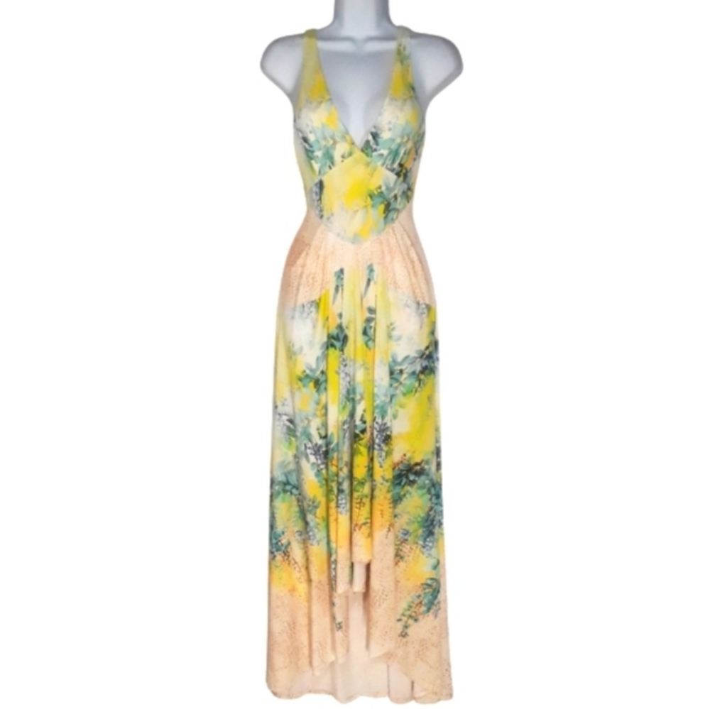 BEBE Yellow Blue Floral Print Animal Print Draped Front Sleeveless Maxi Dress XS